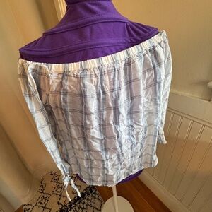 PAIGE Blue and White Plaid Blouse off the shoulders